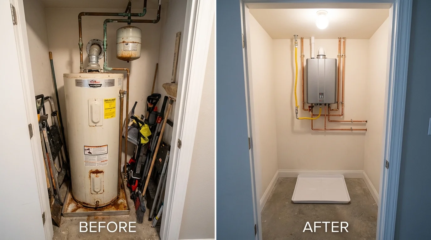 Tank water heater versus wall-mounted tankless unit comparison for Nitro, WV homeowners