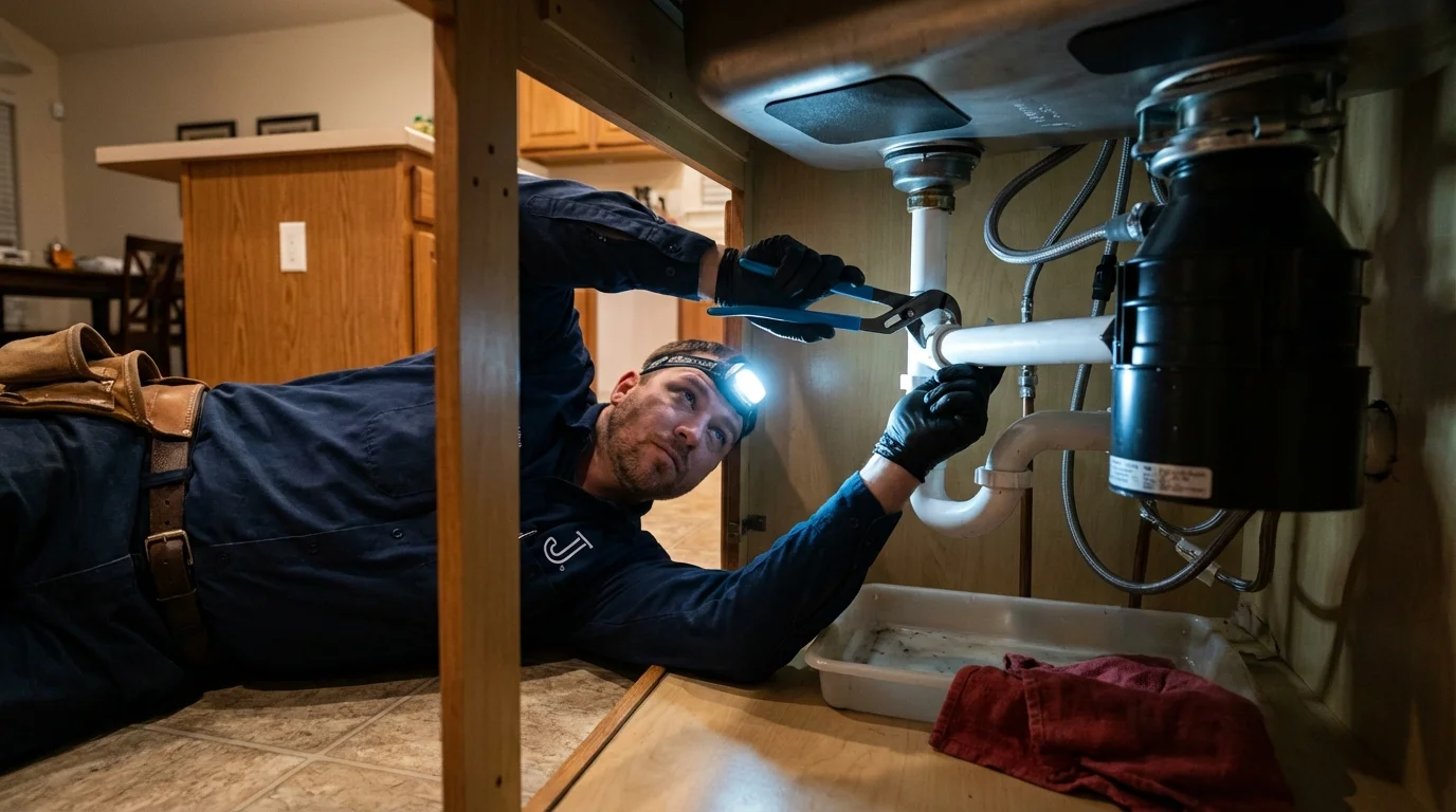 P-trap and supply line connections under a kitchen sink showing a common leak point in Nitro, WV